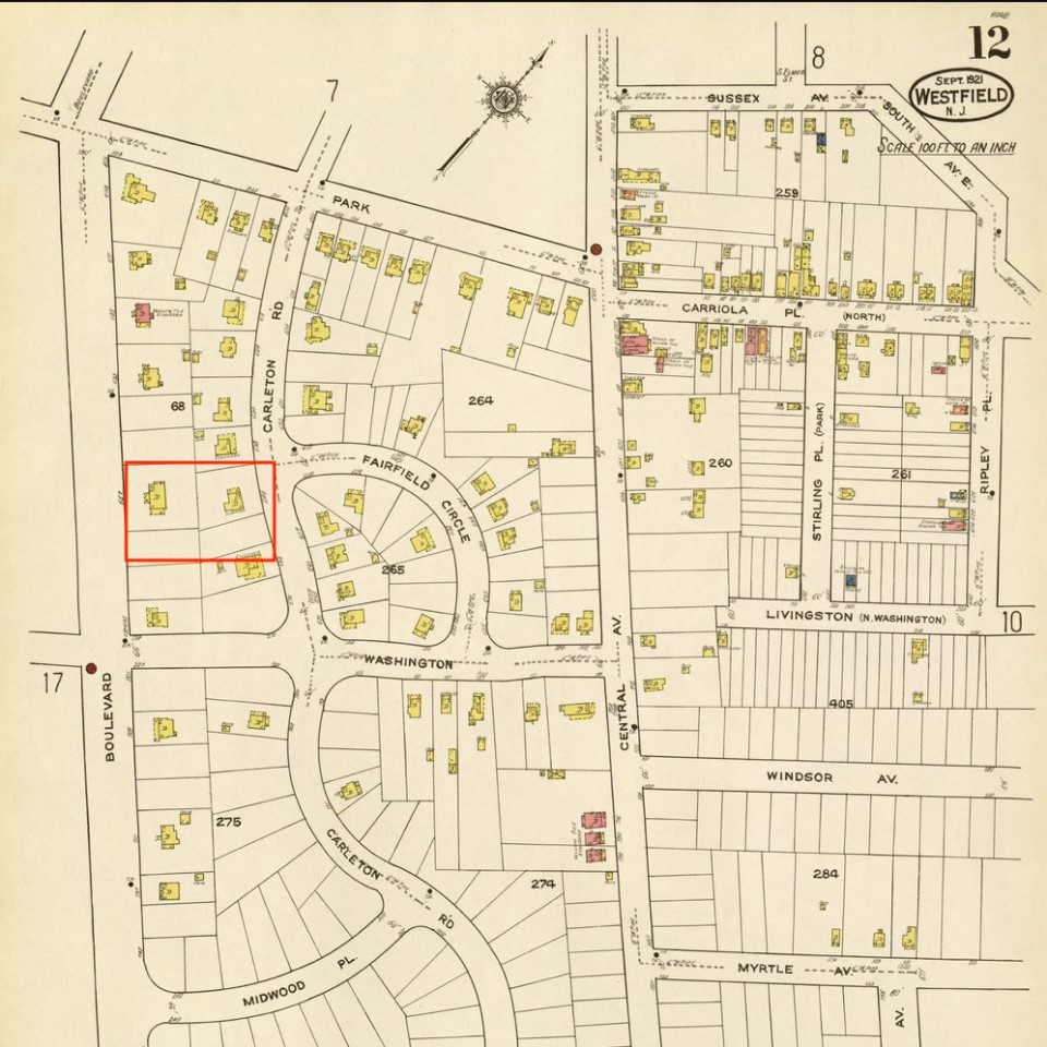 1909 Sanborn Insurance Map of Boulevard and Carleton Rd., Westfield, NJ-657 Boulevard is highlighted in red.