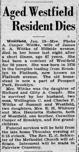 Announcement of Phoebe Wittke’s death in January 1929. She died in Breeze Knoll. Plainfield Courier-News, January 15, 1929